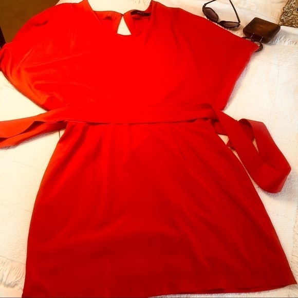 Ark & Co. Dress Coral Orange Open Back Mini Wide Sash Dolman Sleeve size Large - Picture 16 of 16
